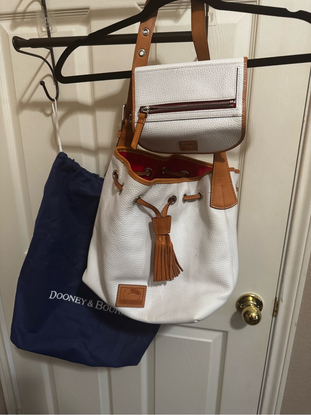 Dooney & Bourke White Pebble Leather Drawstring Bucket Bag with Tan Trim
